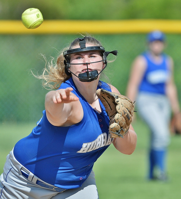 Jeff Lange | The Vindicator  THU, MAY 19, 2016 - Hubbard shortstop Morgan Kist makes a throw to first in the bottom of the second inning of Thursday's Division II district final against Lakeview at Alliance High School.
