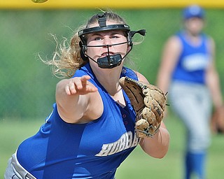 Jeff Lange | The Vindicator  THU, MAY 19, 2016 - Hubbard shortstop Morgan Kist makes a throw to first in the bottom of the second inning of Thursday's Division II district final against Lakeview at Alliance High School.