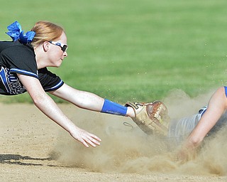 Jeff Lange | The Vindicator  THU, MAY 19, 2016 - Lakeview shortstop Avrey Steiner (left) stretches out to make a tag as Hubbard's Mikayla Smith slides safely into second base in the top of the fifth inning of Thursday's Division II district championship game at Alliance High School.