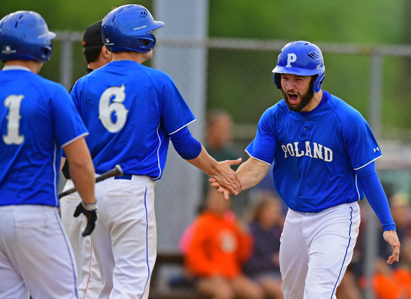 STRUTHERS, OHIO - MAY 20, 2016: Anthony Calcagni #4 of Poland is congratulated by teammates Jared Burkert #6 and Padraig O'Shaughnessy #21 after scoring a run in the fifth inning of Friday nights game at Cene Park. Poland Won 7-6. DAVID DERMER | THE VINDICATOR