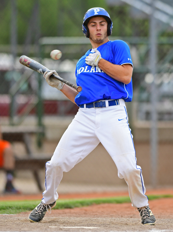 STRUTHERS, OHIO - MAY 20, 2016: Tony Chairo #20 of Poland gets out of the way of a inside pitch after attempting to lay down a bunt in the sixth inning of Friday nights game at Cene Park. Poland Won 7-6. DAVID DERMER | THE VINDICATOR