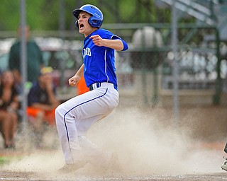 STRUTHERS, OHIO - MAY 20, 2016: Jared Burkert #6 of Poland celebrates after scoring the go ahead run in the sixth inning of Friday nights game at Cene Park. Poland Won 7-6. DAVID DERMER | THE VINDICATOR