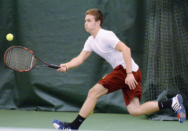 Jeff Lange | The Vindicator  SAT, MAY 14, 2016 - Mooney's Andrew Stille hits the ball back over the net during a doubles match with teammate Jacob Stefko against Poland's Sam Scotford and Sam Delatore Saturday morning at Boardman Tennis Center.