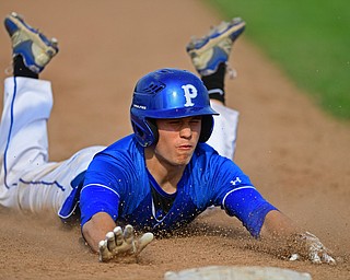 HUDSON, OHIO - MAY 26, 2016: Eric White #2 of Poland slides head first into third base for a triple in the first inning of Thursday afternoons Division 2 Regional Semi-Final game at the Ballpark at Hudson. Poland won 8-2. DAVID DERMER | THE VINDICATOR