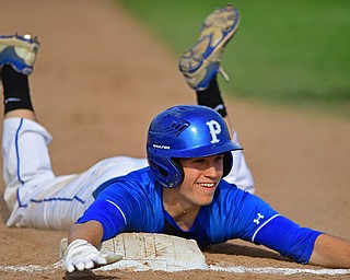 HUDSON, OHIO - MAY 26, 2016: Eric White #2 of Poland slides smiles after sliding headfirst into third base for a triple in the first inning of Thursday afternoons Division 2 Regional Semi-Final game at the Ballpark at Hudson. Poland won 8-2. DAVID DERMER | THE VINDICATOR
