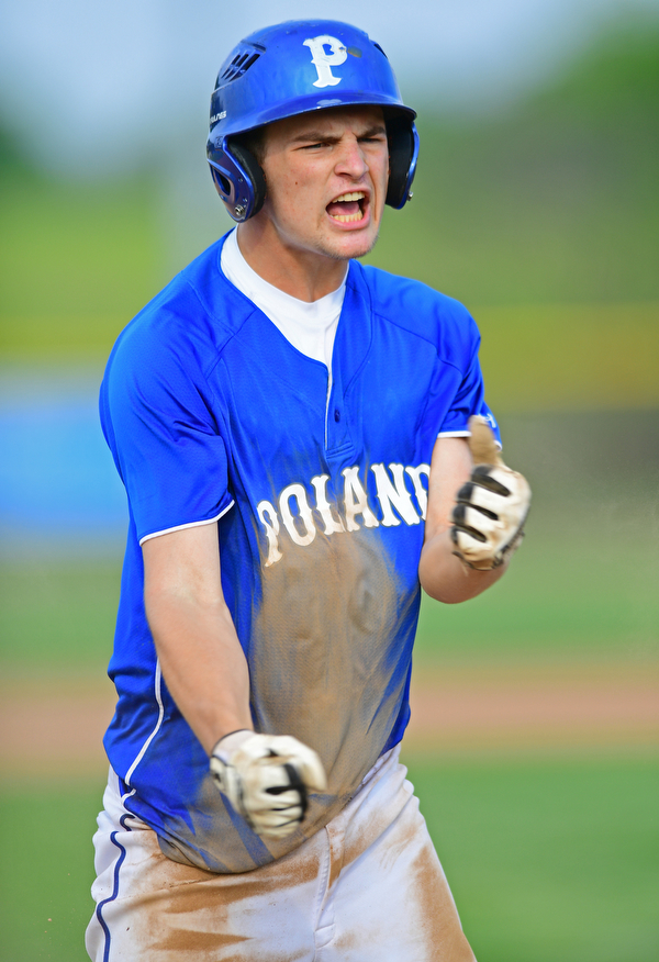 HUDSON, OHIO - MAY 26, 2016: Jared Burkert #6 of Poland celebrates after hitting a RBI triple in the second inning of Thursday afternoons Division 2 Regional Semi-Final game at the Ballpark at Hudson. Poland won 8-2. DAVID DERMER | THE VINDICATOR