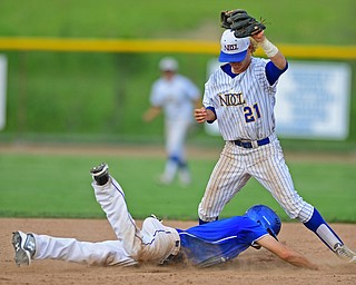 HUDSON, OHIO - MAY 26, 2016: Jared Burkert #6 of Poland dives back into second base avoiding a pickoff attempt from second basemen Sam Frontine #21 of NDCL in the fourth inning of Thursday afternoons Division 2 Regional Semi-Final game at the Ballpark at Hudson. Poland won 8-2. DAVID DERMER | THE VINDICATOR