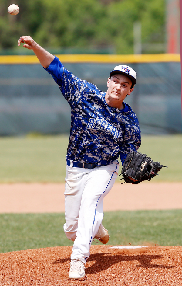 052716 - Western Reserve's Jeep pitches in the first inning of Friday's Division IV regional final against Cuyahoga Heights at The Pipe Yard in Lorain. The Blue Devils fell to the Redskins 6-5. Michael Taylor | The Vindicator