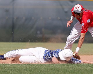 052716 - Western Reserve's Karl Klockenga (8) steals second base during the fifth inning of  Friday's Division IV regional final against Cuyahoga Heights at The Pipe Yard in Lorain. The Blue Devils fell to the Redskins 6-5. Michael Taylor | The Vindicator