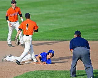HUDSON, OHIO - MAY27, 2016: Dom Drummond #15 of Poland looks to the umpire after being called safe stealing second base beating the tag from Cole Newbauer #1 of Chagrin Falls in the sixth inning of Friday afternoons Division Two Regional Final at the Ballpark at Hudson. Poland won 13-3. DAVID DERMER | THE VINDICATOR