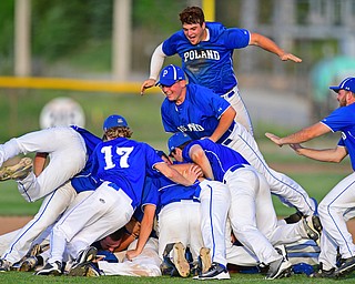 HUDSON, OHIO - MAY27, 2016: Pad O'Shaughnessy #21 of Poland leaps on top of the dog pile of Poland players after the final out in the seventh inning of Friday afternoons Division Two Regional Final at the Ballpark at Hudson. Poland won 13-3. DAVID DERMER | THE VINDICATOR