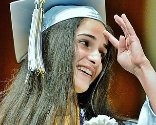 Jeff Lange | The Vindicator  FRI, MAY 27, 2016 - East Salutatorian Nisyah Traish looks back at the students behind her during her speech during East High's commencement at Stambaugh Auditorium on Friday.