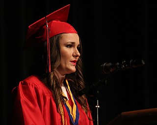 Nikos Frazier | The  Vindicator.Jacklyn Rowley, valedictorian for Niles McKinley's class of 2016, looks at her classmates in Packard Music Hall on Saturday, May 28, 2016.