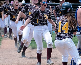 05282016- South Range Raiders celebrate after a run in the twelfth inning in the Division III regional finals against Northwestern. The South Range Raiders would go on to win 1-0 at Massillon Washington High School. Michael Taylor | The Vindicator.