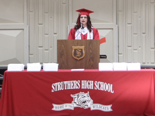 Class Valedictorian, Kaitlin Fuschillo, gives her speech titled "The Journey Ahead of Us" during the Struthers High School Commencement on Sunday afternoon.   Dustin Livesay | The Vindicator 5/29/16  Struthers High School
