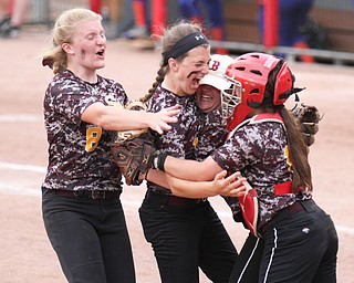 William D. Lewis\The Vindicator.Reacting after defeating Edison 7-1 at Akron are South Range players from left, Madison Weaver(8), Morgan Smith(11), Caragyn Yanek(7) and Hannah Dennison(16).