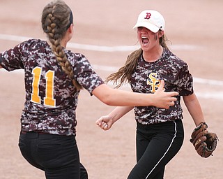 William D. Lewis\The Vindicator.South Range pitcher Caragyn Yanek( 7) and Morgan Smith(11) react after South Range defeated Edison 7-1 at Akron.