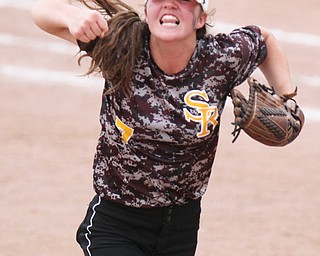William D. Lewis\The Vindicator.South Range pitcher Caragyn Yanek( 7)  reacts after South Range defeated Edison 7-1 at Akron..