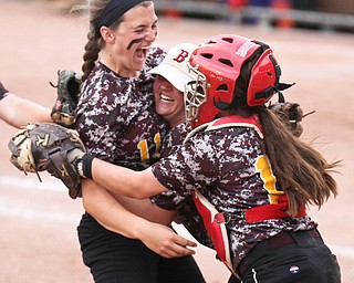 William D. Lewis\The Vindicator.From left South Range's Morgan Smith(11) Caragyn Yanek(7) Hannah dennison(16) react after defeating Edison 7-1 at Akron.