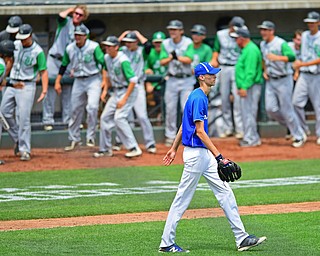 COLUMBUS, OHIO - JUNE 2, 2016: Pitcher Matt Baker #11 of Poland walks back to the pitchers mound after a Hamilton Badin run scored in the sixth inning of Thursday afternoons Division Two State Semi-Final game at Huntington Park. Hamilton Badin won 8-3. DAVID DERMER | THE VINDICATOR