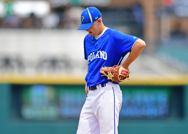 COLUMBUS, OHIO - JUNE 2, 2016: Pitcher Jared Burkert #6 of Poland hangs his head not he pitchers mound after hitting a batter and before being removed from the game after seven total pitches in the sixth inning of Thursday afternoons Division Two State Semi-Final game at Huntington Park. Hamilton Badin won 8-3. DAVID DERMER | THE VINDICATOR