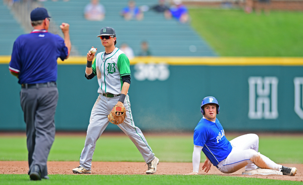 COLUMBUS, OHIO - JUNE 2, 2016: Daunte DeCello #22 of Hamilton Badin shows the ball to the umpire after tagging out Pad O'Shaughnessy #21 of Poland at second base in the seventh inning of Thursday afternoons Division Two State Semi-Final game at Huntington Park. Hamilton Badin won 8-3. DAVID DERMER | THE VINDICATOR