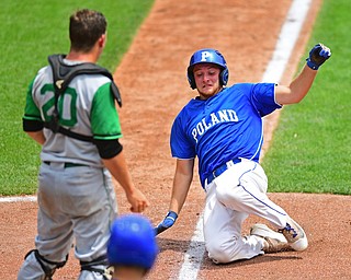 COLUMBUS, OHIO - JUNE 2, 2016: Dan Klase #24 of Poland slides across home plate to score a run in front of catcher Cody Boxrucker #20 of Hamilton Badin on a sacrifice fly by Don Drummond in the second inning of Thursday afternoons Division Two State Semi-Final game at Huntington Park. Hamilton Badin won 8-3. DAVID DERMER | THE VINDICATOR