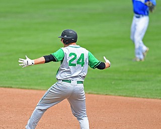COLUMBUS, OHIO - JUNE 2, 2016: Raley Mitchell #24 of Hamilton Badin celebrates on second base after a RBI double in the sixth inning of Thursday afternoons Division Two State Semi-Final game at Huntington Park. Hamilton Badin won 8-3. DAVID DERMER | THE VINDICATOR