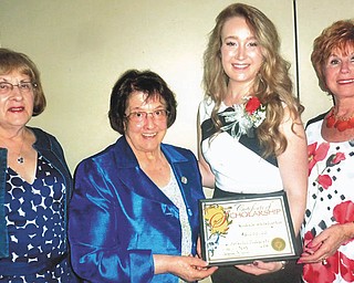 SPECIAL TO THE VINDICATOR
The Catholic Collegiate Association hosted its annual spring scholarship dinner May 12 at Cafe 422. This year’s recipient is Michele Whiteleather, an engineering student at John Carroll University, who has recently returned from studying in London. Whiteleather meets the CCA scholarship requirements as a young Catholic woman who has completed one year of college and has a 3.2 grade point average. From left are Barbara Banks, member; Sister Charlotte Italiano, scholarship commitee chairman and vice president; Whiteleather; and Catherine    Campana, president.
