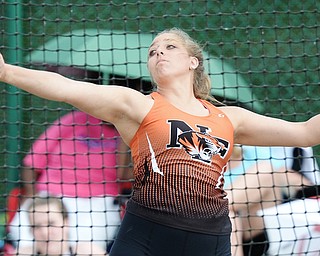 Jeff Lange | The Vindicator  FRI, JUN 3, 2016 - Newton Falls' Kayla Barreca competes in the girls discus event during Friday's OHSAA State Track and Field tournament at Jesse Owens Memorial Stadium in Columbus. Barreca placed second with a throw of 149 feet 1 inch.