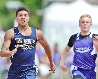 Jeff Lange | The Vindicator  FRI, JUN 3, 2016 - Brookfield's Zavier Bailey (left) leads a Mount Gilead opponent as he competes in the boys 200 meter dash during Friday's OHSAA State Track and Field tournament at Jesse Owens Memorial Stadium in Columbus.