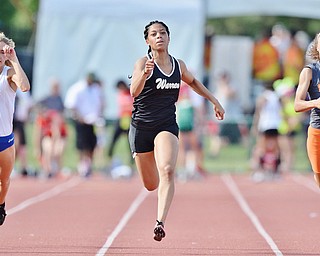 Jeff Lange | The Vindicator  FRI, JUN 3, 2016 - Harding's Justice Richardson (center) sprints down the track against Brunswick's Bailey Lack (left) and Mansfield's Alaysia Grose in the girls 100 meter dash event during the OHSAA State Track and Field tournament at Jesse Owens Memorial Stadium in Columbus on Friday. Richardson placed second in her heat with a qualifying time of 12.01 seconds.