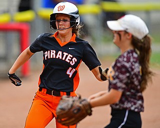 AKRON, OHIO - JUNE 4, 2016: Kasey Bergan #4 of Wheelersburg runs home to score a run after a wild pitch from Caragyn Yanek #7 of South Range in the third inning of Saturday afternoons Division 3 State Title game at Firestone Stadium. Wheelersburg won 8-3. DAVID DERMER | THE VINDICATOR