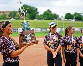 AKRON, OHIO - JUNE 4, 2016: Morgan Caopur #20 of South Range smiles while showing the Division 3 State Runner-Up trophy to the fans in the stands after being defeated in Saturday afternoons Division 3 State Title game at Firestone Stadium. Wheelersburg won 8-3. DAVID DERMER | THE VINDICATOR