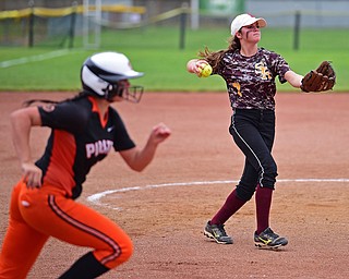 AKRON, OHIO - JUNE 4, 2016: Pitcher Caragyn Yanek #7 of South Range throws the ball to first for the out during Saturday afternoons Division 3 State Title game at Firestone Stadium. Wheelersburg won 8-3. DAVID DERMER | THE VINDICATOR