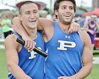 Jeff Lange | The Vindicator SAT, JUN 4, 2016 - Poland's Doug Rutana (left) and Gino Centofanti celebrate after winning the Division II boys 4x100 meter relay race during the OHSAA State Track and Field tournament in Columbus on Saturday. Poland finished with a time of 42.79.