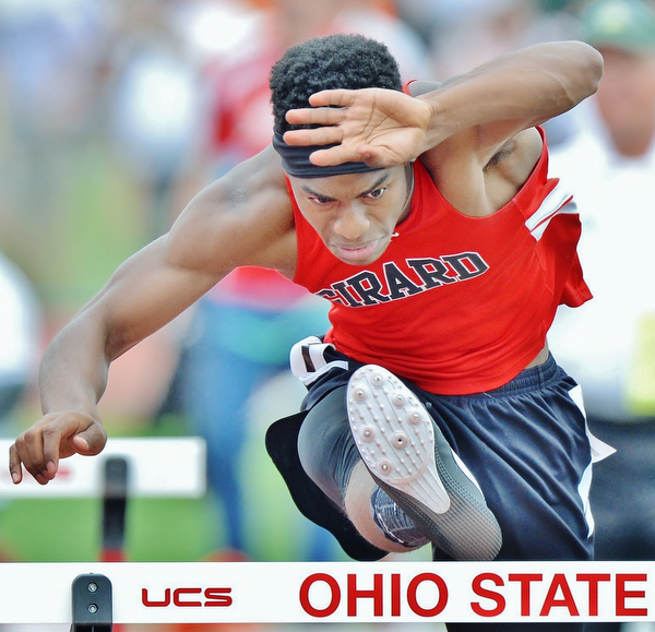 Jeff Lange | The Vindicator  SAT, JUN 4, 2016 - Girard's Collin Harden competes in the boys 110 meter hurdles event during Saturday's OHSAA State Track and Field tournament in Columbus.