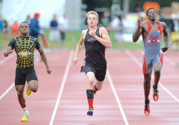 Jeff Lange | The Vindicator  SAT, JUN 4, 2016 - Boardman's Brendon Lucas (center) competes against Watkins Memorial's Desmond Melson (left)  and Lima Senior's Rico Stafford in the 400 meter dash during Saturday's OHSAA State Track and Field tournament in Columbus.