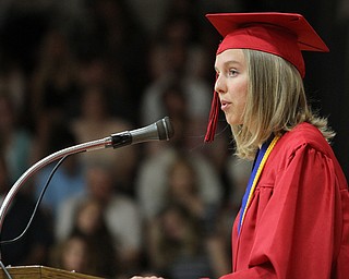 Nikos Frazier | The Vindicator..Rachel Rosteck speaks to her fellow classmates in the Canfield High School Gym. Rosteck graduated from Canfield High School summa cum laude.