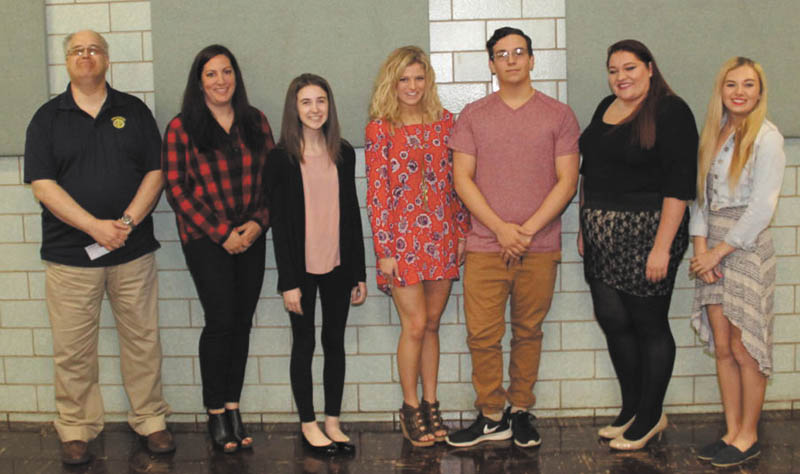 SPECIAL TO THE VINDICATOR
Struthers Rotary and Rotary Community Corp. have announced the Service Above Self scholarship winners for 2016. From left, are Tom Baringer, scholarship chairman; Catherine Miller, Rotary Community Corp. president; Carly Szenburn, Community Corp. scholarship; Makenzie Stewart, Rotary scholarship recipient; Nick Mozingo, Comstock scholarship; and Jenna Cummins and Katelyn Mitcheltree, Rotary scholarships. Stefanie Hill also received a Rotary scholarship. Rotary scholarships are based on community service and are funded by the club’s annual pancake breakfast in November. The Rotary Community Corp. scholarship is awarded in honor of Struthers residents Donna Marciano and Frank Marr. The Comstock scholarship is given in honor of William Comstock, a former Rotarian, Struthers teacher and member of its Board of Education, and is funded by rotary and the Comstock family. Since 1985, the Rotary has awarded $90,000 in scholarships to 150 students.