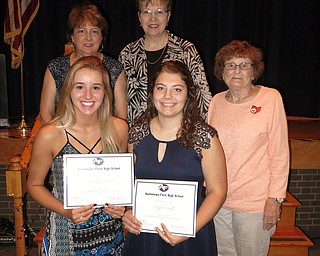 SPECIAL TO THE VINDICATOR
Austintown Junior Women’s League presented three $1,000 scholarships to graduating seniors at Austintown Fitch. Recipients are Madison Scrocco, Angela Smith and Alyssa Porter. They were selected for their contributions to the Austintown community, school participation, grades, positive attitude and accomplishments. In front, from left, are scholarship recipients Scrocco and Smith. In back are AJWL Scholarship Committee members Sue Hovanec, Janice Simmerman and Shirley Schmidt. Information about the AJWL is available at www.facebook.com/AJWL2014.