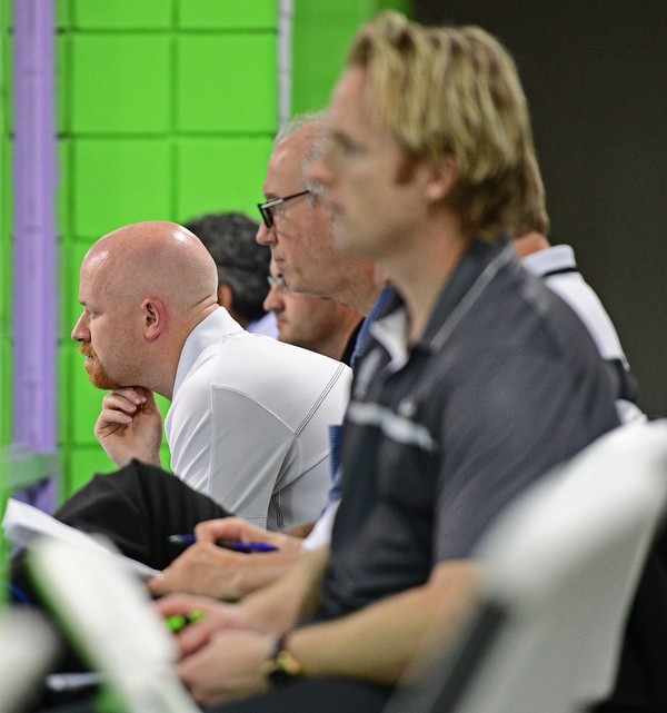BOARD MAN, OHIO - JUNE 10, 2016: Phantoms head coach Brad Patterson (left) watches the Phantoms prospect camp Friday night at the Ice Zone. DAVID DERMER | THE VINDICATOR