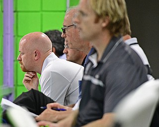 BOARD MAN, OHIO - JUNE 10, 2016: Phantoms head coach Brad Patterson (left) watches the Phantoms prospect camp Friday night at the Ice Zone. DAVID DERMER | THE VINDICATOR