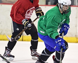 BOARD MAN, OHIO - JUNE 10, 2016: Tyrone Bronte (green) skates with the puck during a exhibition game during the Phantoms prospect camp Friday night at the Ice Zone. DAVID DERMER | THE VINDICATOR