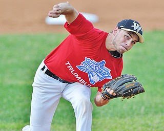 Jeff Lange | The Vindicator  FRI, JUN 10, 2016 - Starting pitcher for the Trumbull County All Stars, Warren Harding's Marcus Master delivers a pitch to a Mahoning County batter in the first inning of the Valley High School All Star Classic at Eastwood Field in Niles on Friday.