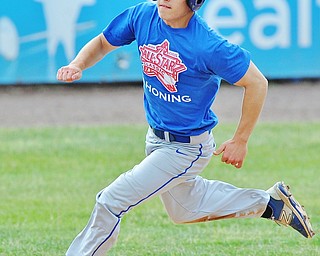 Jeff Lange | The Vindicator  FRI, JUN 10, 2016 - Mahoning County's Eric White of Poland Seminary rounds third base on his way to home to score the first run for the Mahoning County All Stars in the first inning of the Valley High School All Star Classic at Eastwood Field in Niles on Friday.