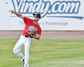 Jeff Lange | The Vindicator  FRI, JUN 10, 2016 - Trumbull County centerfielder Eric Wilson of Chalker makes a throw to the infield after catching a fly ball sent deep in the top of the third inning of Friday's Valley High School All Star Classic at Eastwood Field in Niles.