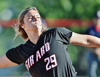 Jeff Lange | The Vindicator  TUE, JUN 14, 2016 - Girard's Karlee Byrne delivers a pitch to a Mahoning County batter in the first inning of game two of the 13th annual Bill Sferra Softball Classic at YSU on Tuesday.