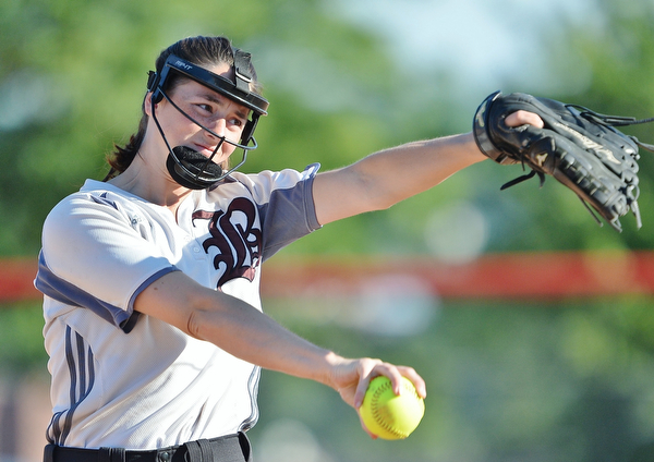 Jeff Lange | The Vindicator  TUE, JUN 14, 2016 - Boardman pitcher Sydney Aey delivers a pitch to a Trumbull County batter in the first inning of game two of the 13th annual Bill Sferra Softball Classic at YSU on Tuesday.