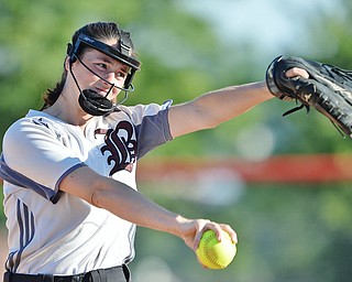 Jeff Lange | The Vindicator  TUE, JUN 14, 2016 - Boardman pitcher Sydney Aey delivers a pitch to a Trumbull County batter in the first inning of game two of the 13th annual Bill Sferra Softball Classic at YSU on Tuesday.